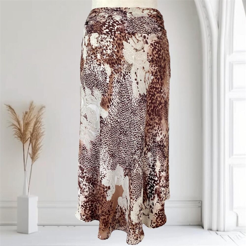 Euro Pinterest Mesh Brown Cream Tan Cheetah Leopard Asymmetric Midi Skirt 6 S